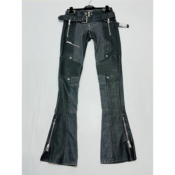 Versace Runway Black Leather Denim Size 40 US 4 Flared Pants Belted NWT $4875 - Picture 6 of 15